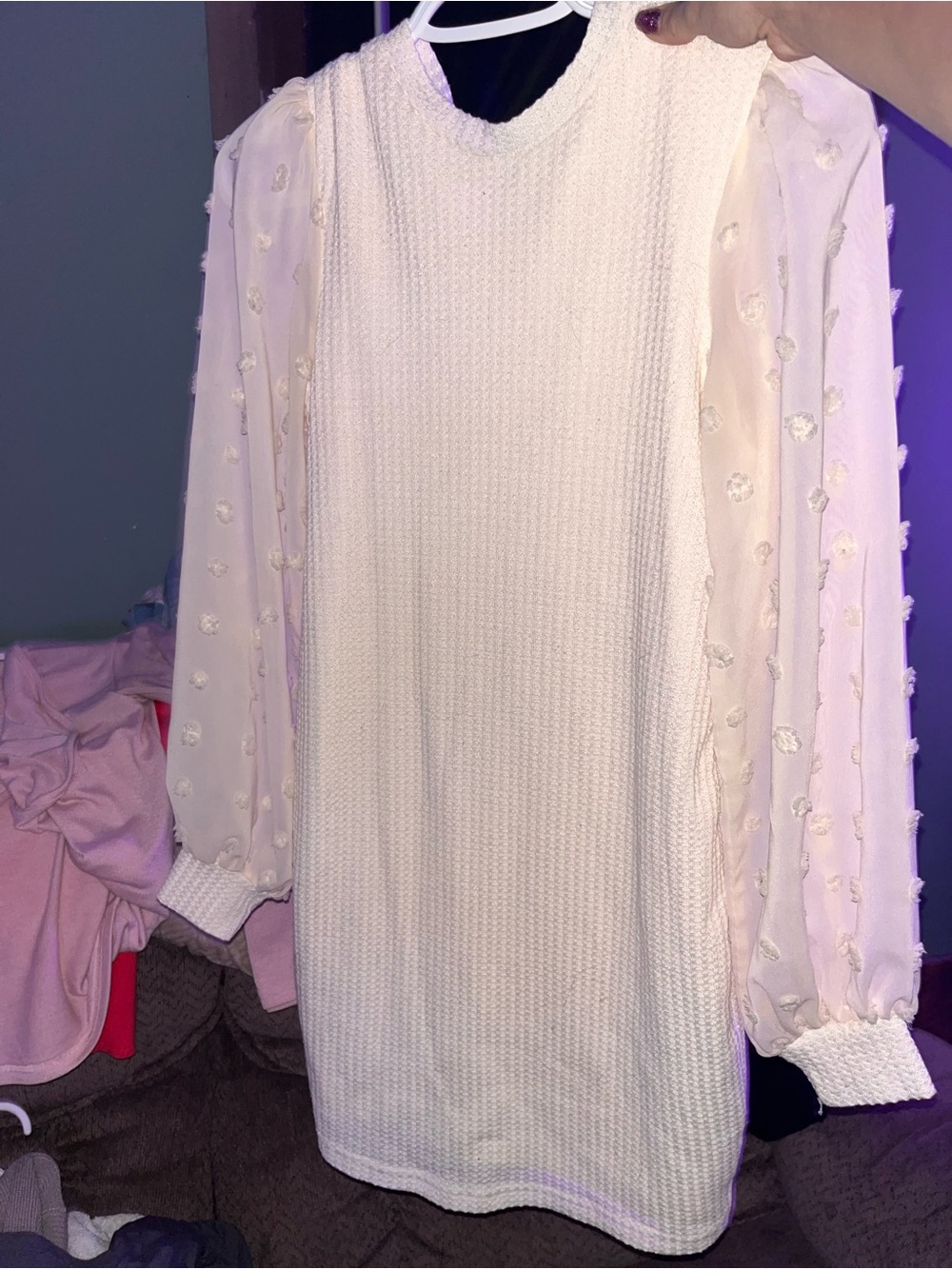 SHEIN Cream Knit Mini Dress with Sheer Floral Puff Sleeves
